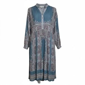 Hal Ferman Vintage Blue Paisley Pleated Midi Dress Long Sleeve Button Front 10